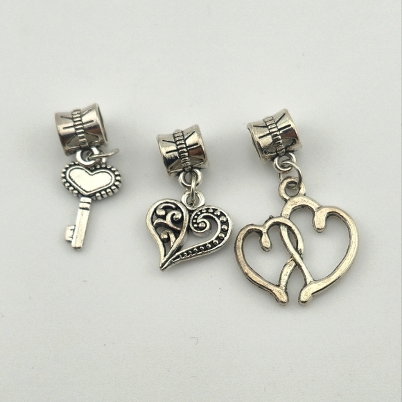 Jewelry - Silver Tone Heart Charms Set of 3 Key to Heart Dangle Beads for Bracelet
